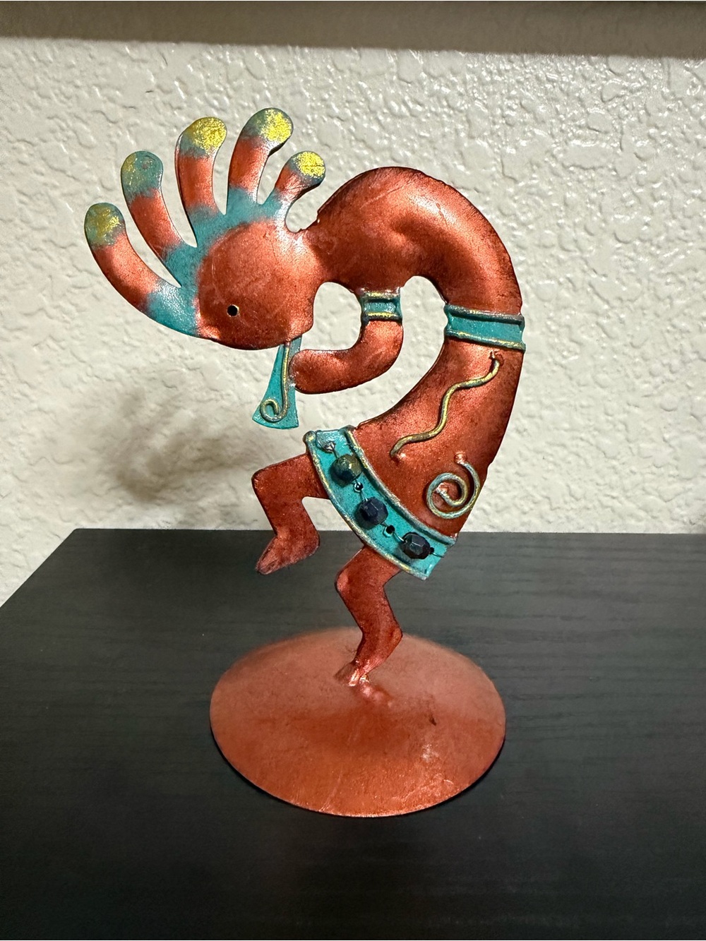 Copper-Tone Kokopelli Metal Accent Sculpture, Teal & Gold Detail